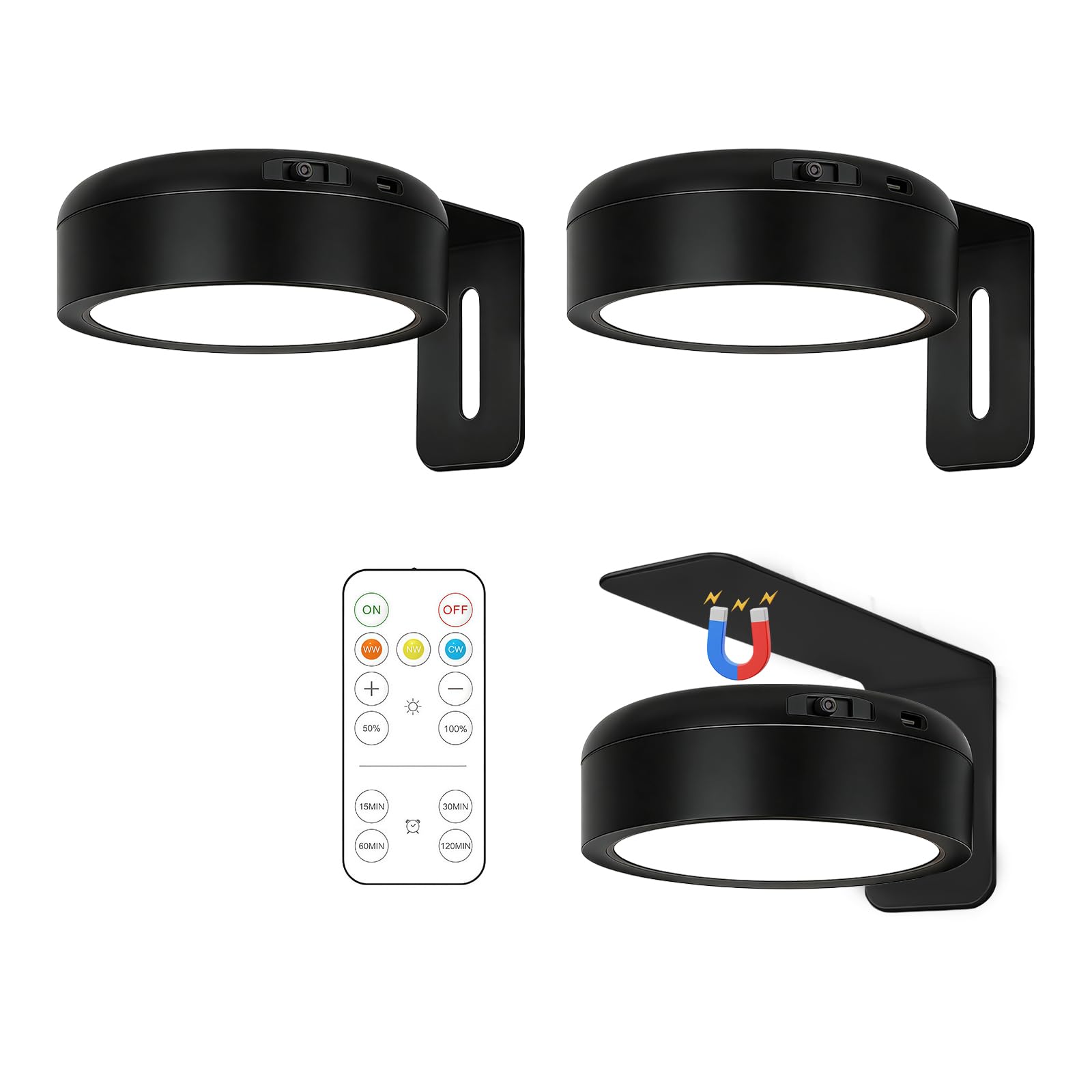 3 Piezas Aplique Luz Cuadros Sin Cable, Batería Lámpara Magnética LED, Luz Cuadros Inalambrica con Mando a Distancia, 3 Temperaturas de Color, Para Pinturas y Marco - Negro