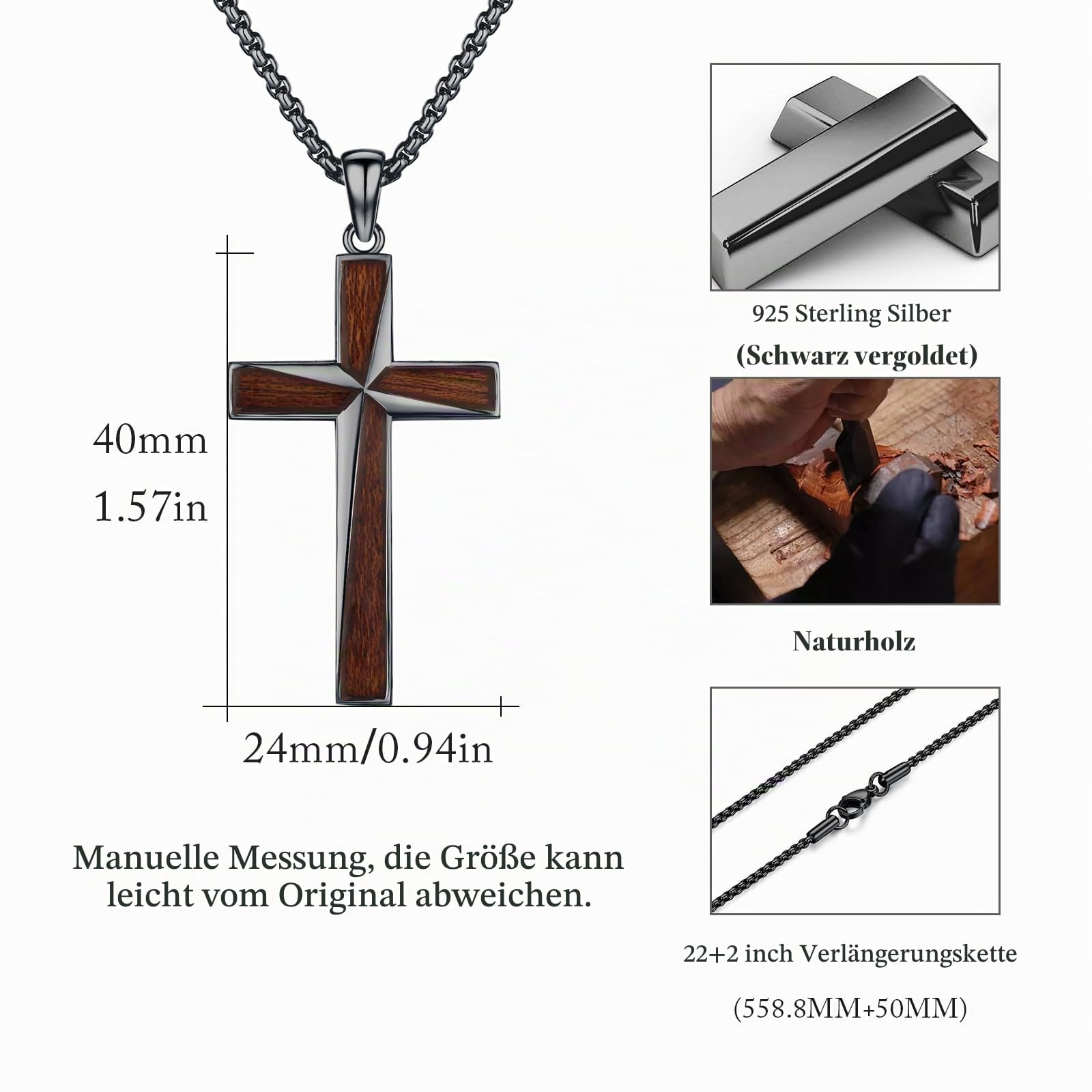 REDSUN Holzkreuz Kette S925er Sterling Silber Großes Kreuz Anhänger Ebenholz Schutzamulett Halskette Schmuck für Männer Herren Frauen 22+2'' Edelstahlkette