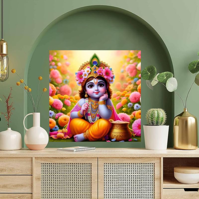 Image of British Terminal Cute little Bal Gopal Baby God Krishna| Kanha Ji | Laddu Lord Makhan Chor Painting Religious Poster for Pregnant Women for wall (matt thin vinyl,sticker,multicolor,unframed)| bj97