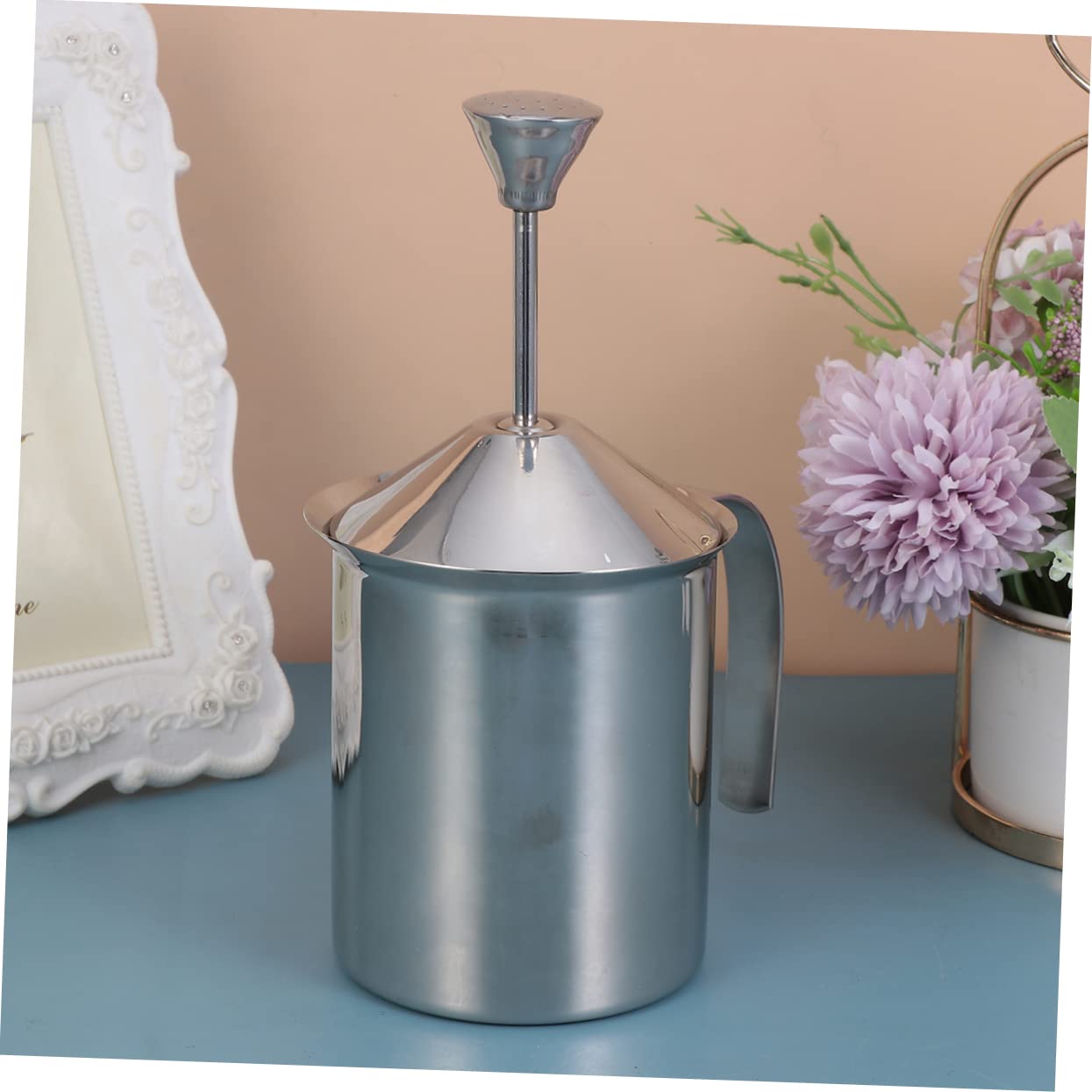 BESTYASH Espumador de Leche Manual de Acero Inoxidable 304 sin Electricidad Doble Malla y 800 Ml Adecuado para Café en Casa