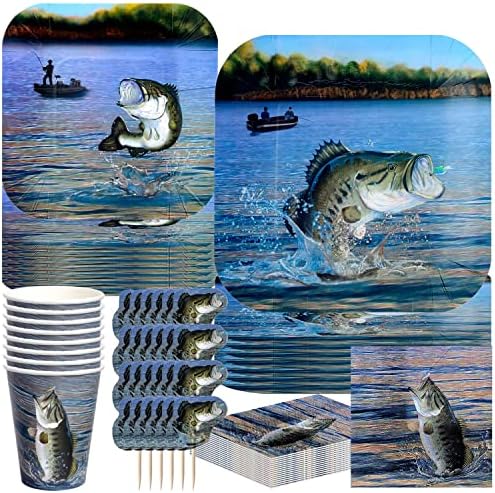 Havercamp Gone Fishin' Dinnerware Bundle - Dinner & Dessert Plates, Beverage Napkins, Cups, Picks - Father's Day, Fishing Tournament, Birthday Party