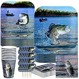 Havercamp Gone Fishin' Dinnerware Bundle - Dinner & Dessert Plates, Beverage Napkins, Cups, Picks -