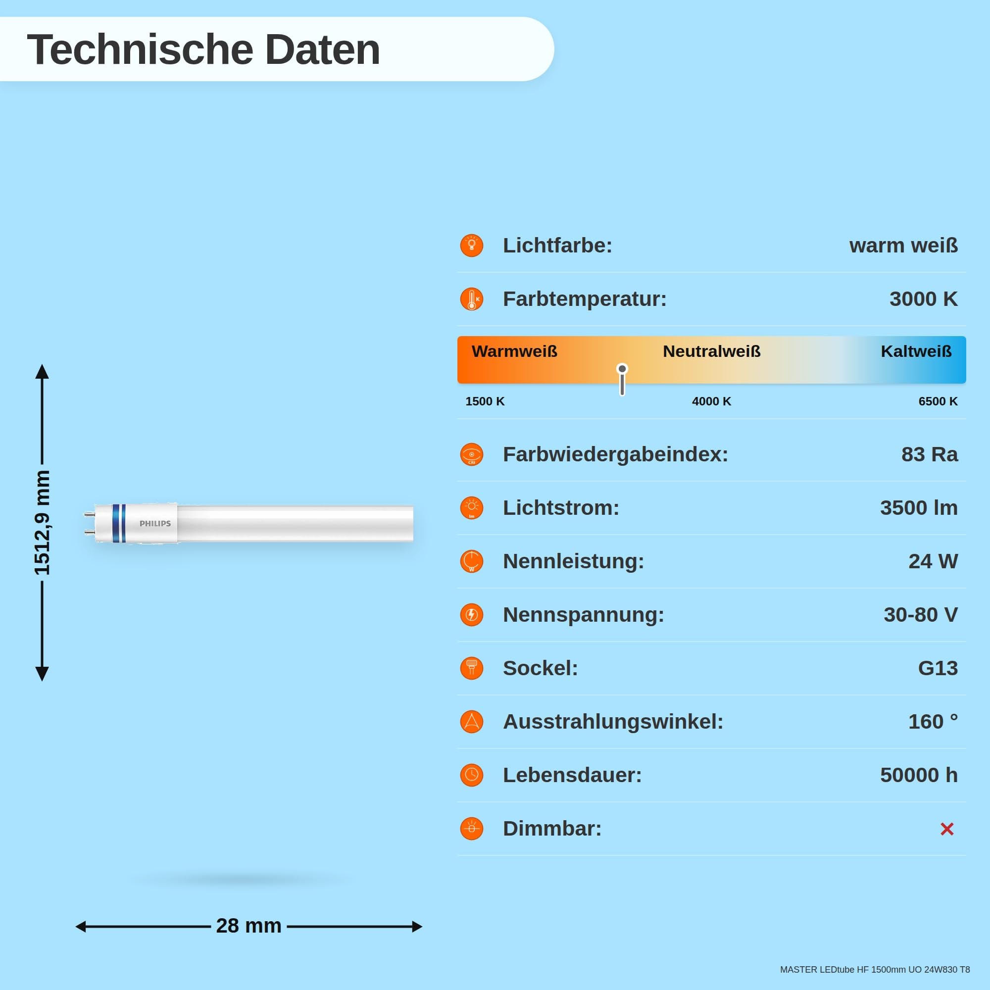 Philips Master LEDtube T8 Röhre, 24W, 3000W, G13, 150cm, 10er SPARPACK