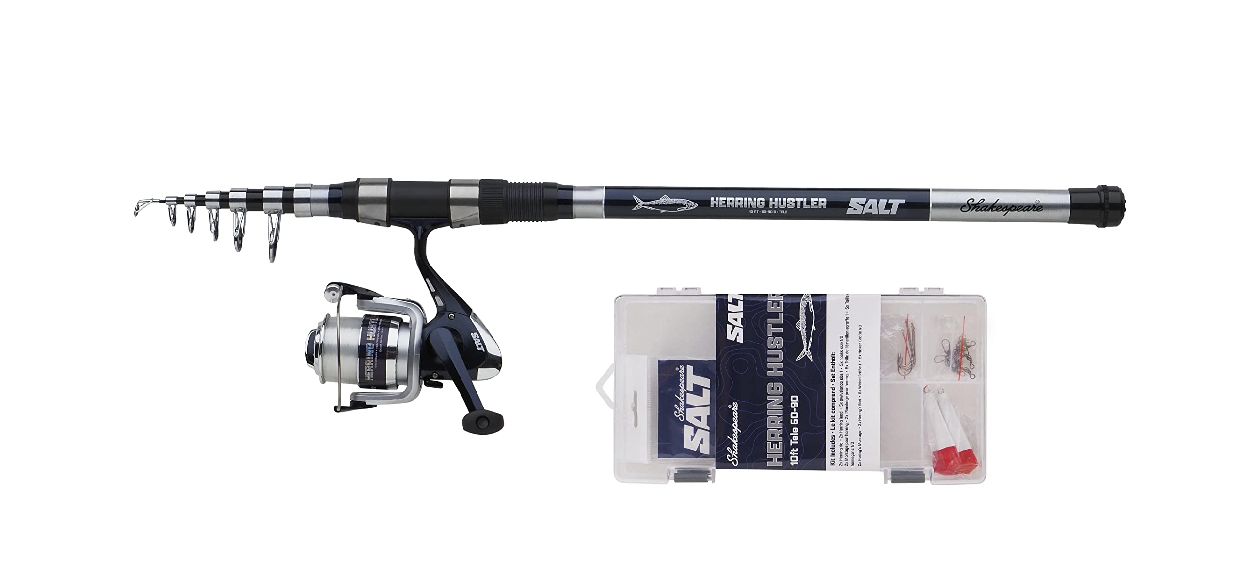 Shakespeare Salt Hering Hustler Kombi-Set, Angelrute und Rolle, Kombi, Spinning-Kombination inklusive Hartschalenkoffer, Köder und Endgerät, Küstenangeln, Hering, Unisex, Blau und Weiß, 3 m, 60-90 g