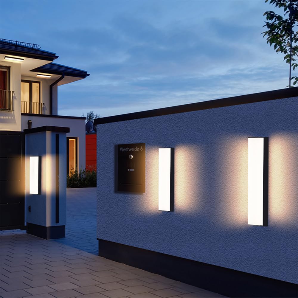 Nowoczesna czarna liniowa lampa ścienna LED - ciepłe białe światło, wodoodporna IP54, zewnętrzne paski świetlne 3000K na balkon, werandę, ogród