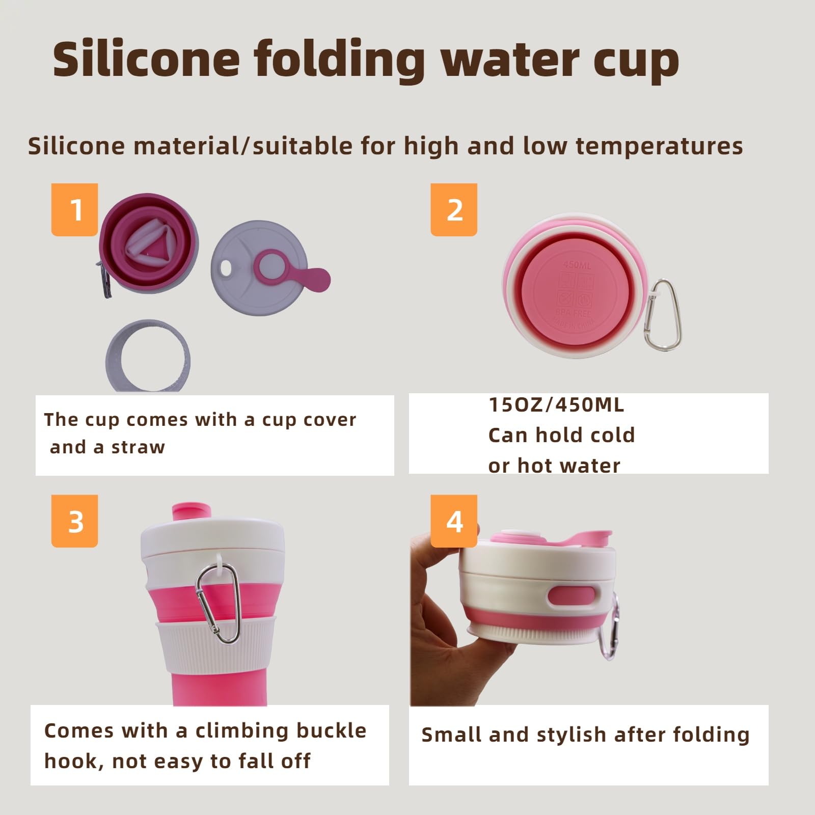 Pink15OZ/450ML Taza de viaje plegable de silicona para coche, taza de café con tapa, tazas de café frío y caliente con pajita, a prueba de fugas, reutilizable, adecuada para viajes, camping,