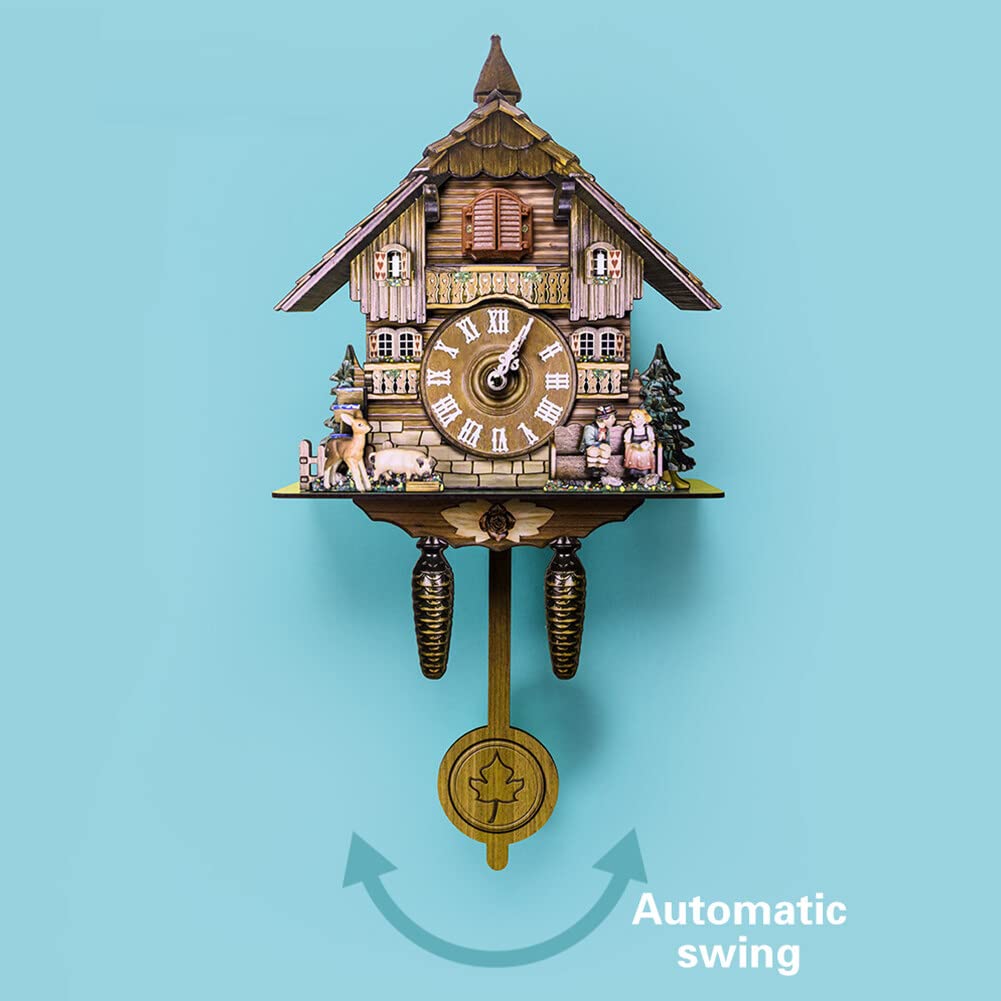 URFEDA Horloge Murale Coucou Qui Chante, Bois Arbre Maison Horloge Murale, Horloge Murale Décorative avec Pendule Et Fonction de Sonnerie, Horloge Murale Silencieuse Moderne pour La Décor de Salon