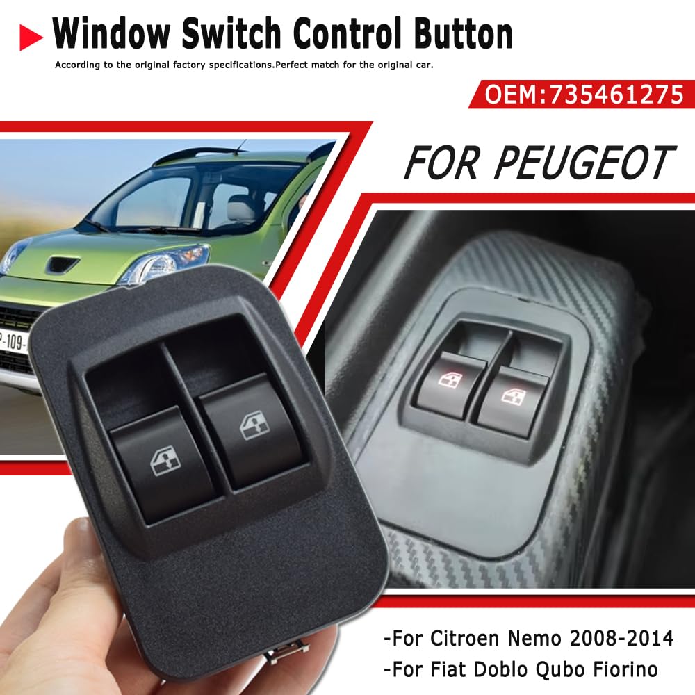 735518655 Interruptor del elevalunas delantero izquierdo para Citroen Nemo para Peugeot Bipper para Fiat Doblo Qubo Fiorino 735461275 (Delantero Izquierdo) | Para Citroen Nemo Peugeot Bipper Fiat Doblo Qubo Fiorino, 735518655 (negro)