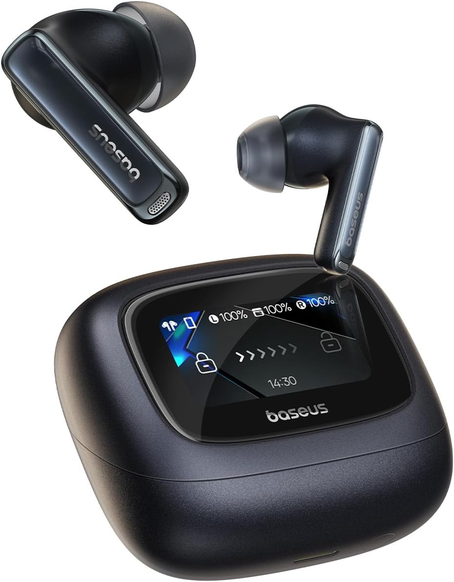 Baseus Bowie M2s Ultra True Wireless Earbuds – Smart Touchscreen Case, 52dB ANC, Bluetooth 5.4, Hi-Res Audio, Spatial Sound, 4-Mic ENC, 7H Playtime, Fast Charging, App Control, Black