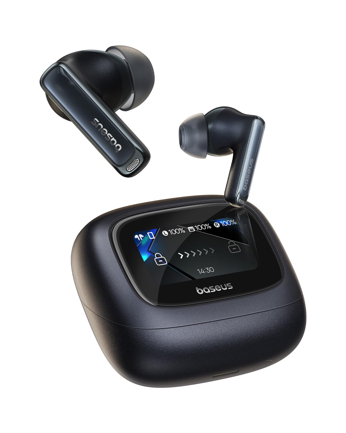 BaseusBowie M2s Ultra True Wireless Earbuds – Smart Touchscreen Case, 52dB ANC, Bluetooth 5.4, Hi-Res Audio, Spatial Sound, 4-Mic ENC, 7H Playtime, Fast Charging, App Control, Black