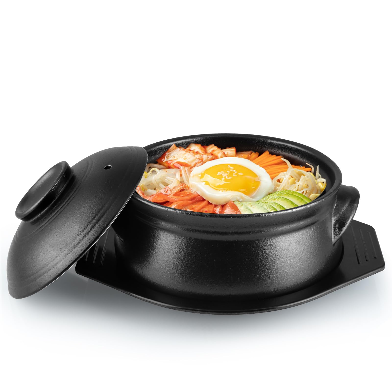 Skelang Bol Coréen Bibimbap, Bols en Céramique, Cassolette de Fruits de Mer avec Couvercle et Plateau, pour Cuisiner des Nouilles, de La Soupe, du Riz, Capacité 1,6 L (Noir Mat)