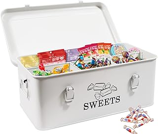 Candy Storage Box, Metal Candy Jar, Snack Box with Safty Lock, 4 Compartments Cookies Storage Box, Food Storage Container for Candies, Sugar Cubes, Chocolate & Snacks-Cream White