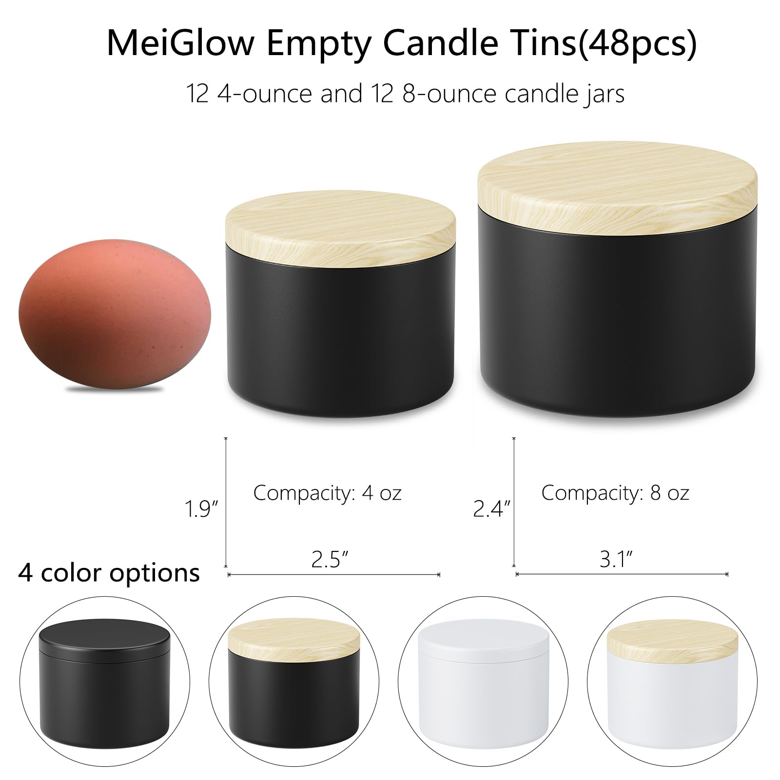 MeiGlow 48 barattoli vuoti per candele colorati, neri, 24 pezzi da 170 g e 24 pezzi da 85 g