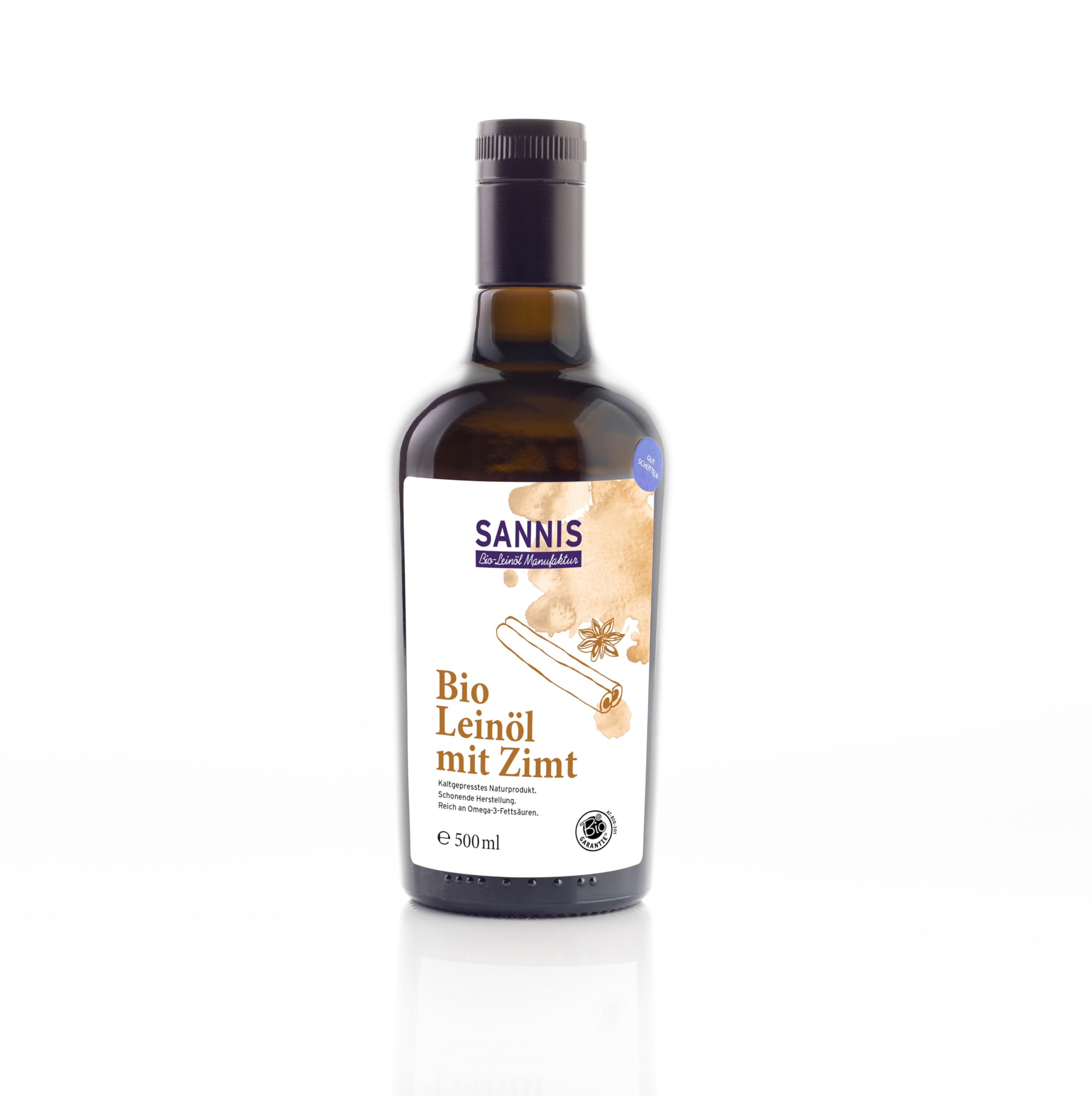 SANNIS Bio-Leinöl mit Zimt 500 ml I Leinsamenöl aus kontrolliert biologischem Anbau I kaltgepresst & ungefiltert I reich an Omega-3-Fettsäuren I nussig milder Geschmack ideal für Müsli & Joghurt