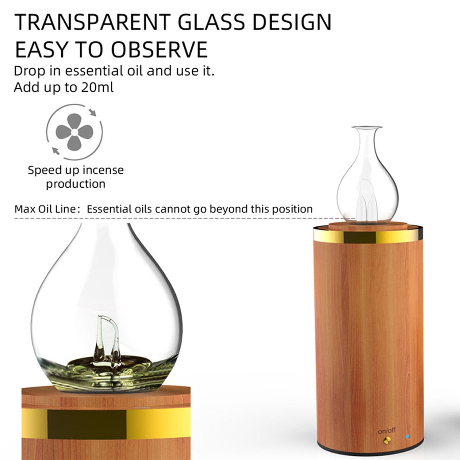 Difusor de Aceite Esencial Nebulizador de Madera Mini Difusor Portátil de Aromaterapia Sin Agua Difusor de Aroma de Cristal para el Hogar Oficina Sueño Yoga