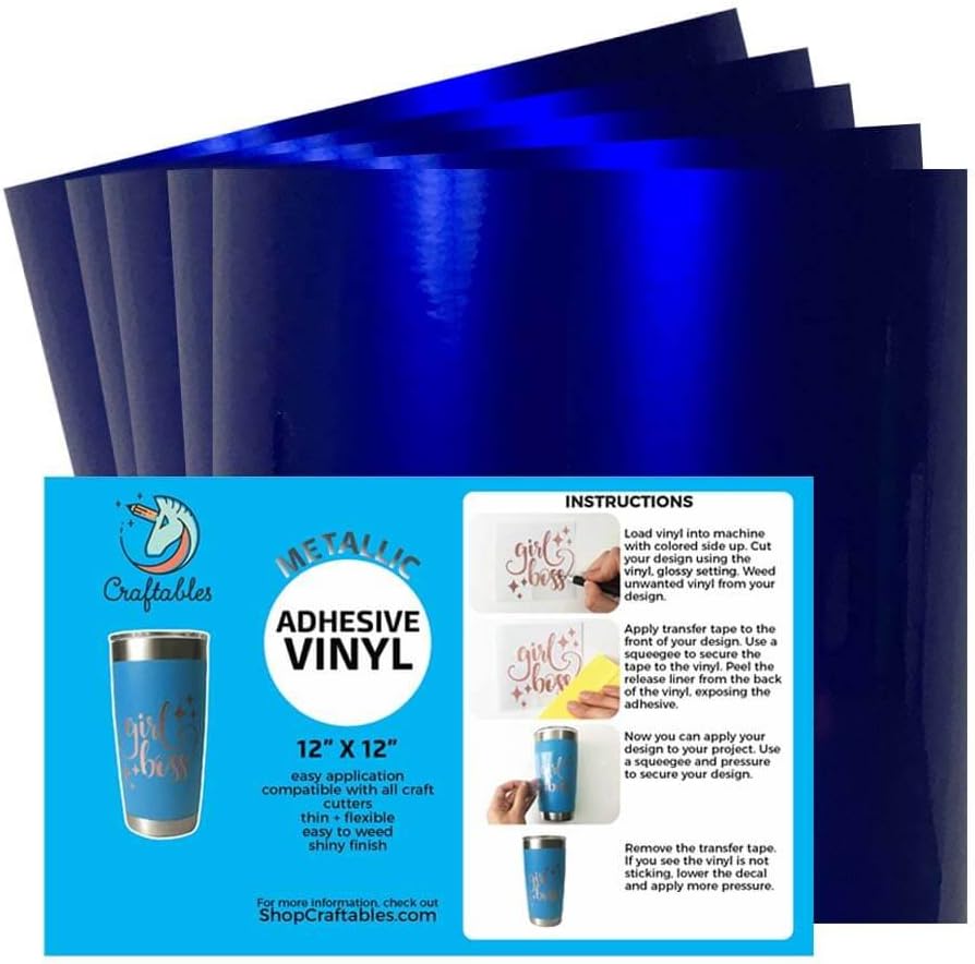 Craftables Blue Metallic Craft Vinyl for Cricut and Silhouette, Cameo - Chrome Polish Finish Vinyl - (5) 12" x 12" sheets