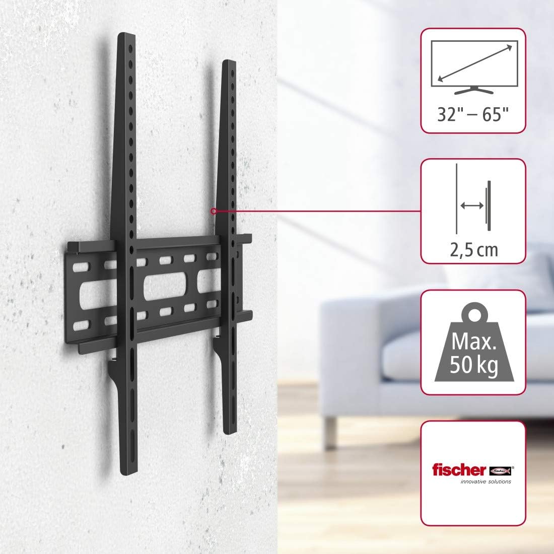 Diagram showing Hama TV wall mount specifications including screen size range, distance from wall, and maximum weight capacity