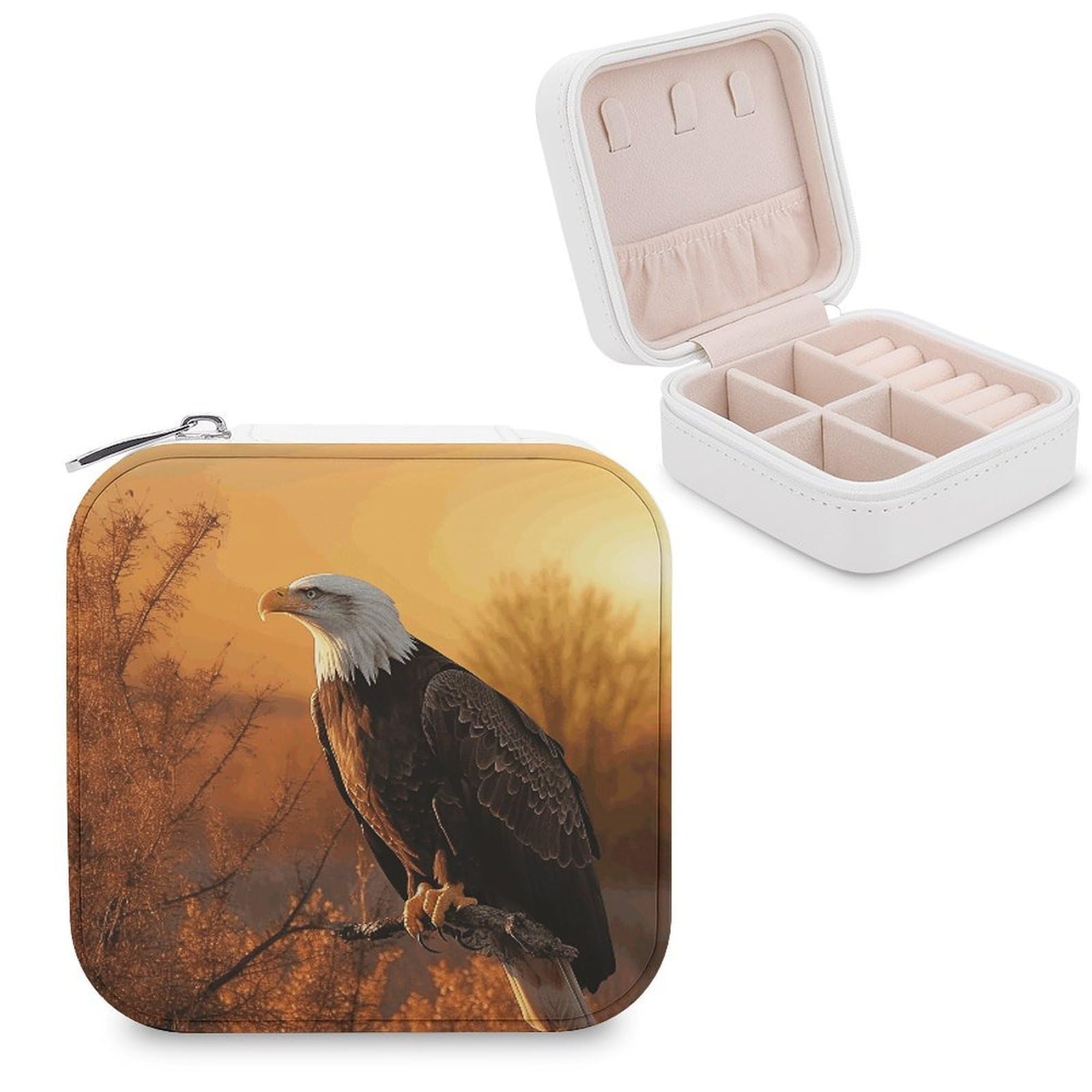 VstaDank Golden Sunset Bald Eagle Jewelry Box Exquisite Leather Jewelry Organizer Portable Trinket Organizer Fashion Travel Jewelry Case for Rings Earrings Necklaces Unique Gifts for Women