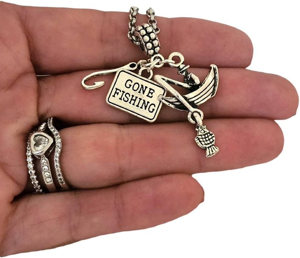 Gone Fishing Fisherman Charm with Bracelet, Necklace, Keychain, Fish Hook Pendant, Keepsake Jewelry for Men Women