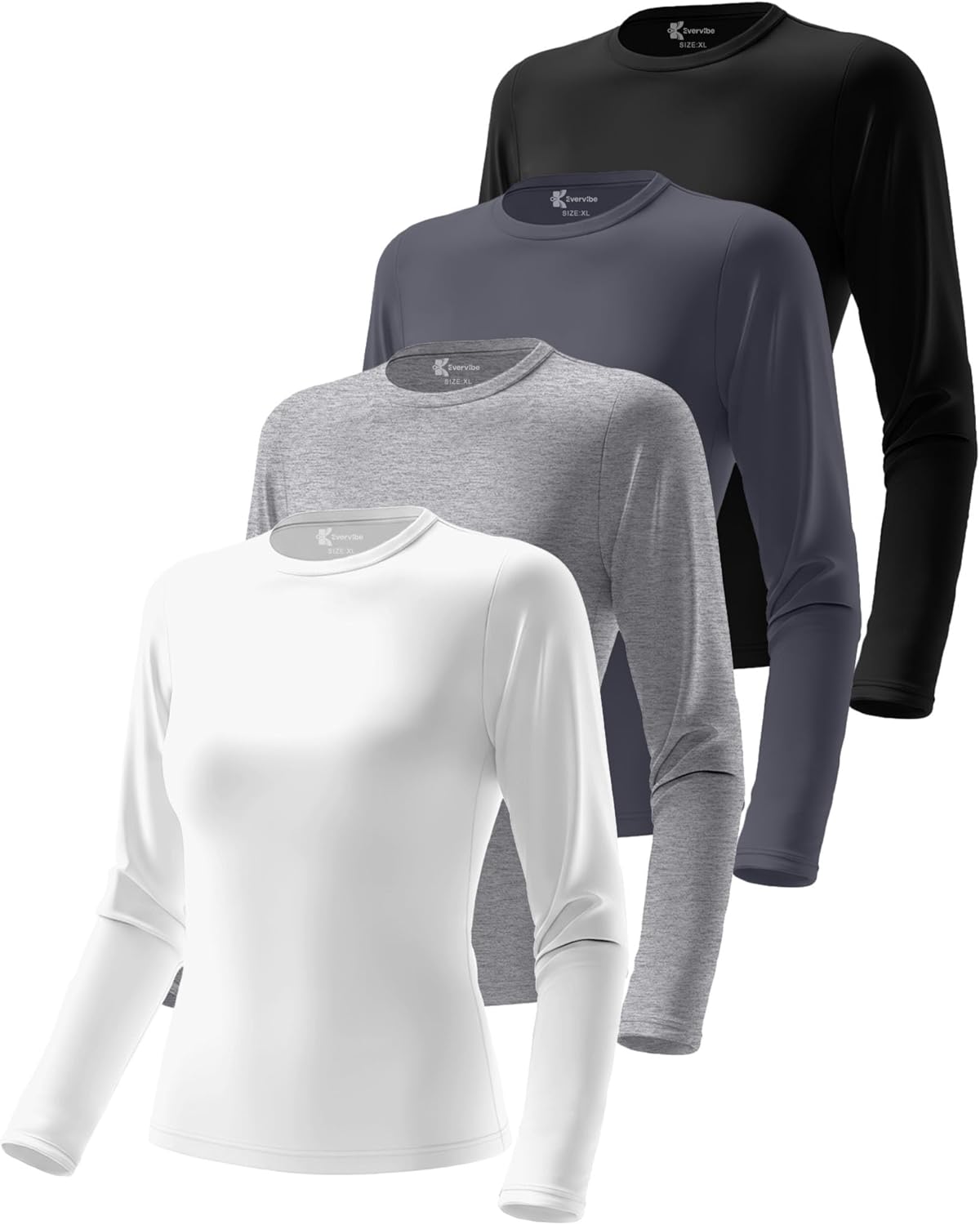 Evervibe 4 Pack Women's Plus Size Underscrub Shirts Long Sleeve Crew Neck Tops Fitted Basic Layering Tee for Nurse Undershirt