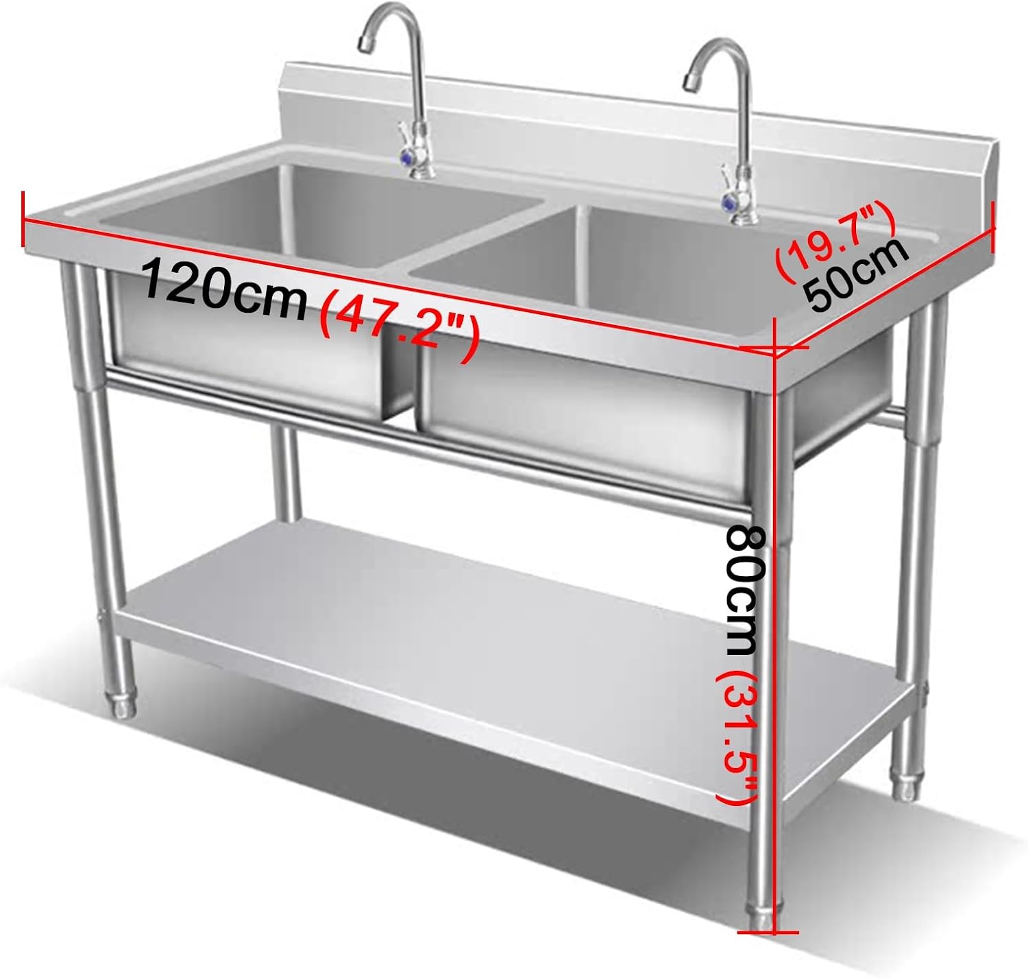 Double-bowl Kitchen Sink with Back Panel Stainless Steel Sinks Brushed Finish Rounded Corners Reinforced Crossbar Lower Platform Deepened Basin Non-slip Feet Round Pipe Supports(47.2x19.7x31.5")