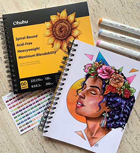 Ohuhu Marker Pads Art Sketchbook, 7.6"X10" Large Paper Size, 120Lb/200Gsm Heavy Smooth Drawing Papers, 60 Sheets/120 Pages, Spiral Bound Sketch Book For Alcohol Markers Christmas Gift #TOP6