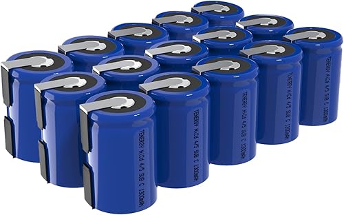 Tenergy 45 SubC 1.2 voltios 1300mAh NiCD baterías recargables con pestañas, parte superior plana, paquete de 15