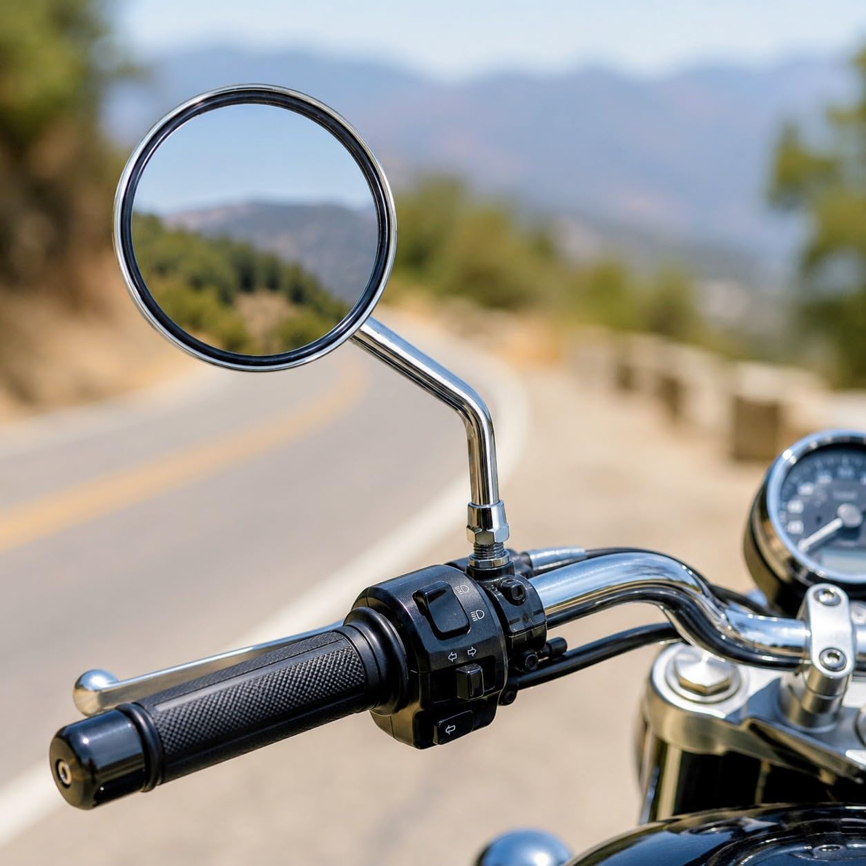 TA Classic Round Chrome Motorcycle Rear View Mirror Set, Clear Glass Bike Side Mirrors with Adjustable Metal Stem and 10mm Threaded Mount, Universal Fit for Compatible Motorcycles, Set of 2-image-8
