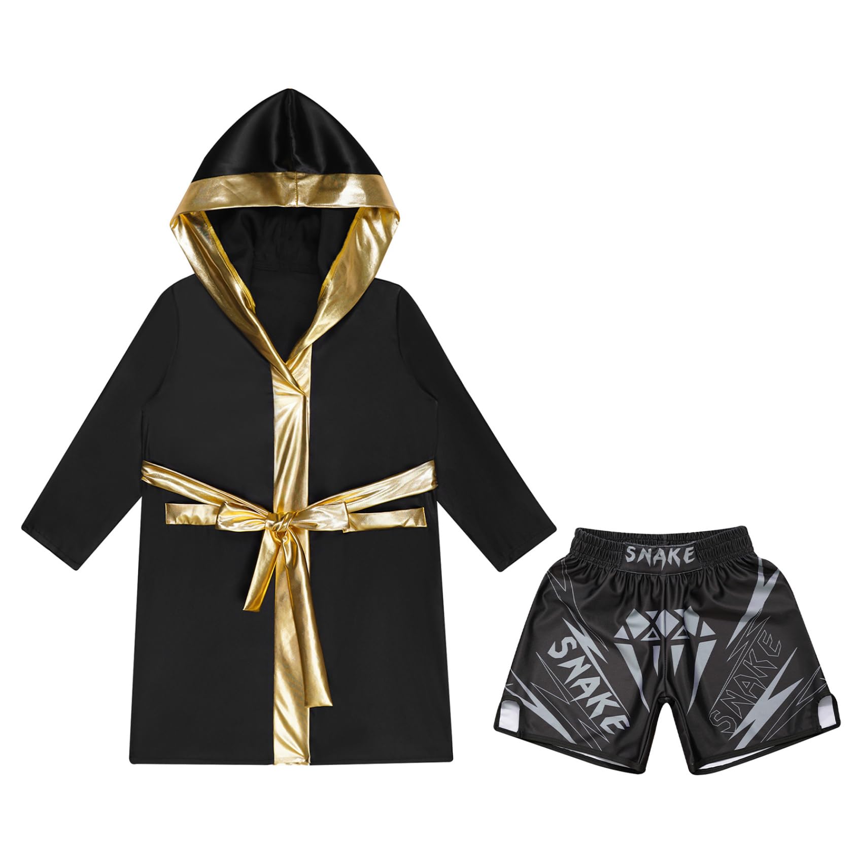 Miaeowve Kids Boys Boxing Outfit Open Front Hooded Grown Cloak Metallic Satin Robe with Belt and Boxer Shorts Set B6 7-8 Years
