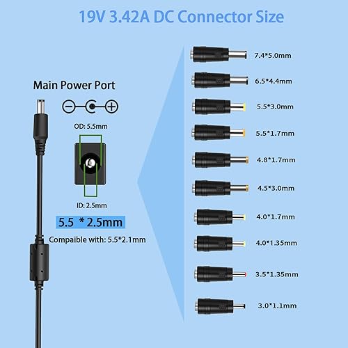 Miniatura 4 de TKDY Cargador universal para portátil de 19 V 3.42 A, cable de alimentación para monitor LCD de 19 V, apto para DC 19 voltios 3.16A 2.37A 2.1A