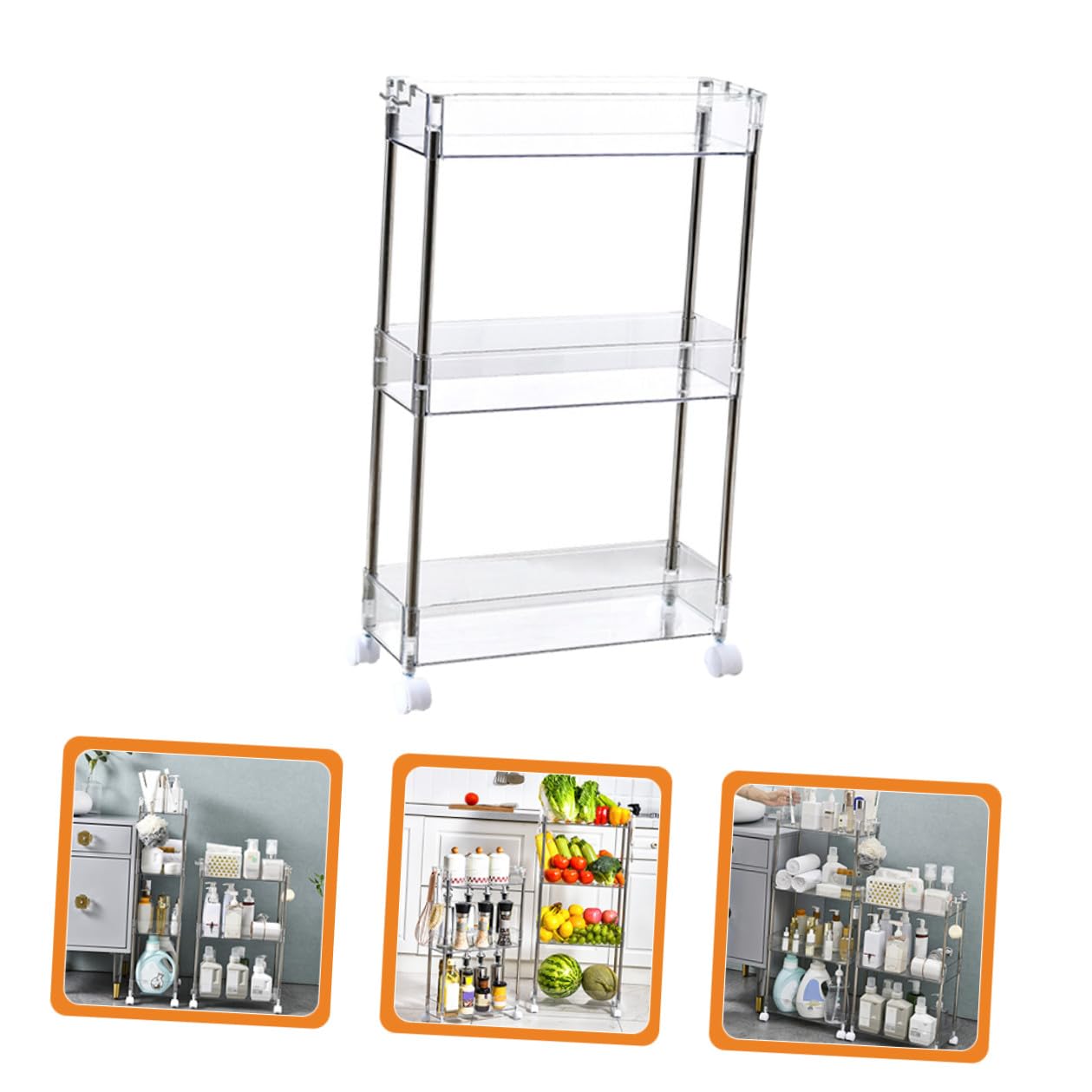 Scaffale Organizzatore da Cucina Trasparente a 3 Ripiani con Ruote | Pet e Acciaio Inossidabile, Spazio Ampio per Spezie e Giochi, Uso su Balcone