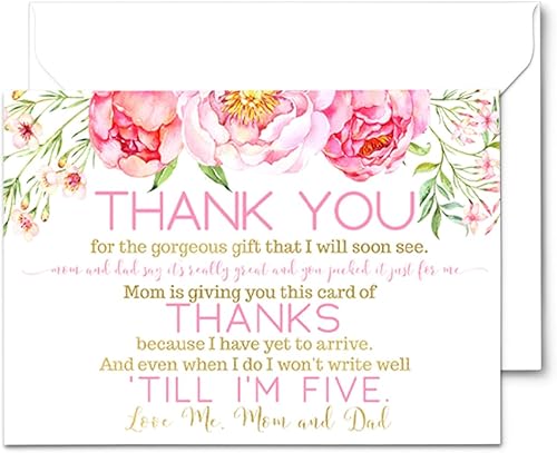 Cottage - Tarjetas de agradecimiento florales para baby shower (paquete de 25 unidades), notas individuales rosas con sobres, regalos de registro de