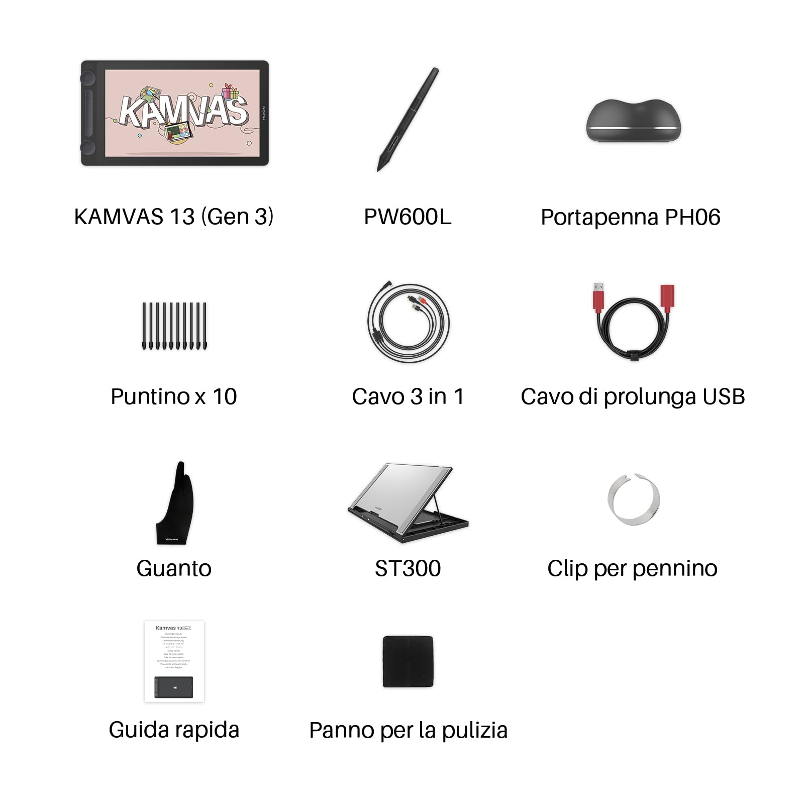 HUION Kamvas 13 Gen 3 Tavoletta Grafica con Schermo, Monitor da Disegno in Vetro Canvas da 13,3",Vopertura sRGB del 99%, PenTech 4.0, Pressione Penna 16384, Doppi Quadranti,Supporto Regolabile, Nero