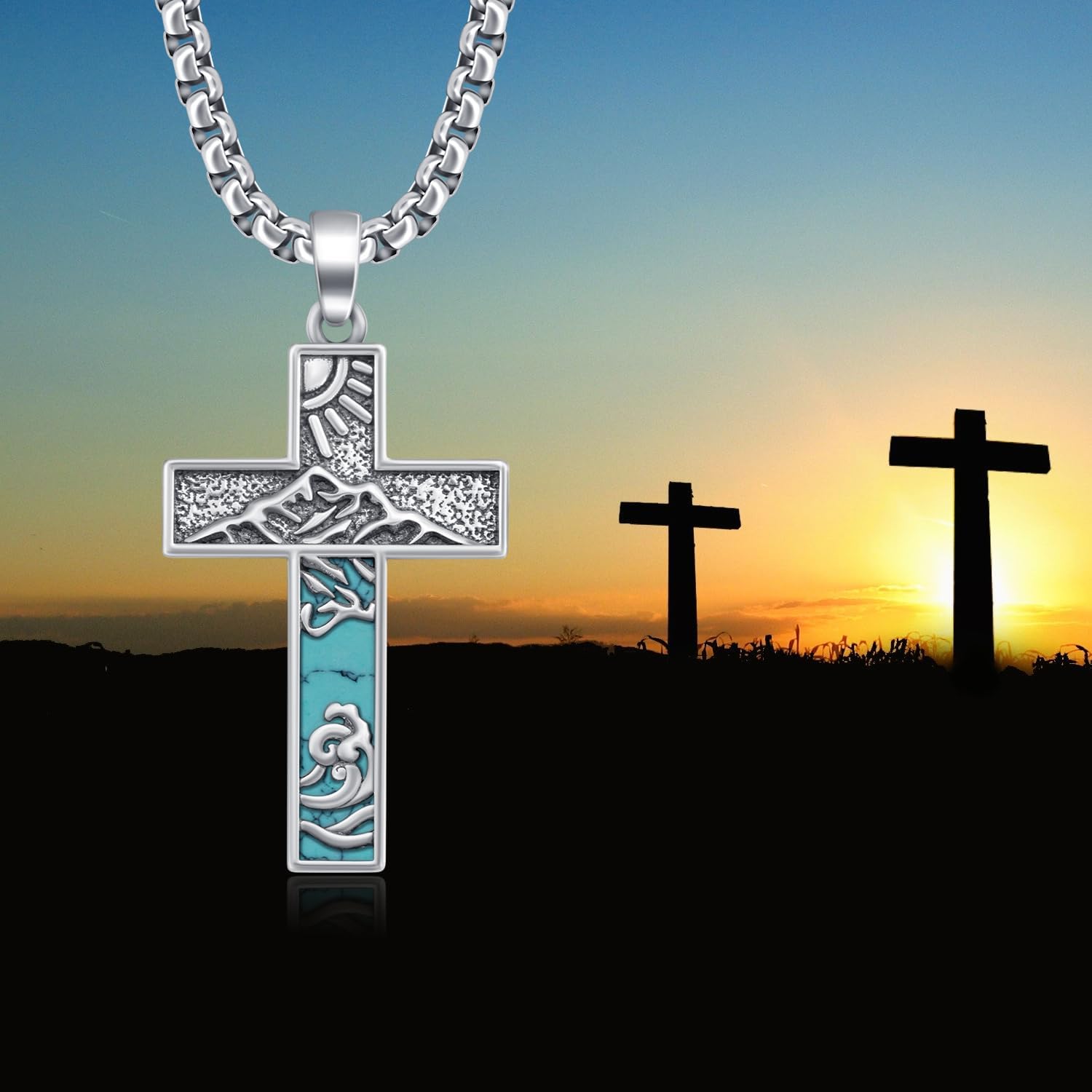 Turquoise Necklace 925 Sterling Silver Western Cross Pendant Necklaces Vintage Turquoise Jewelry for Men Native American Jewelry Gifts - Image 3
