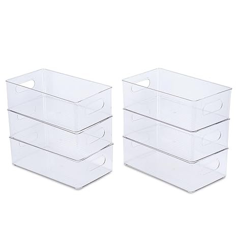 Snazzy Set Of 8 Refrigerator Organizer Bins Stackable Plastic Clear Food Storage Bin with Handles For Pantry, Freezer, Fridge, Cabinet, Kitchen Countertops