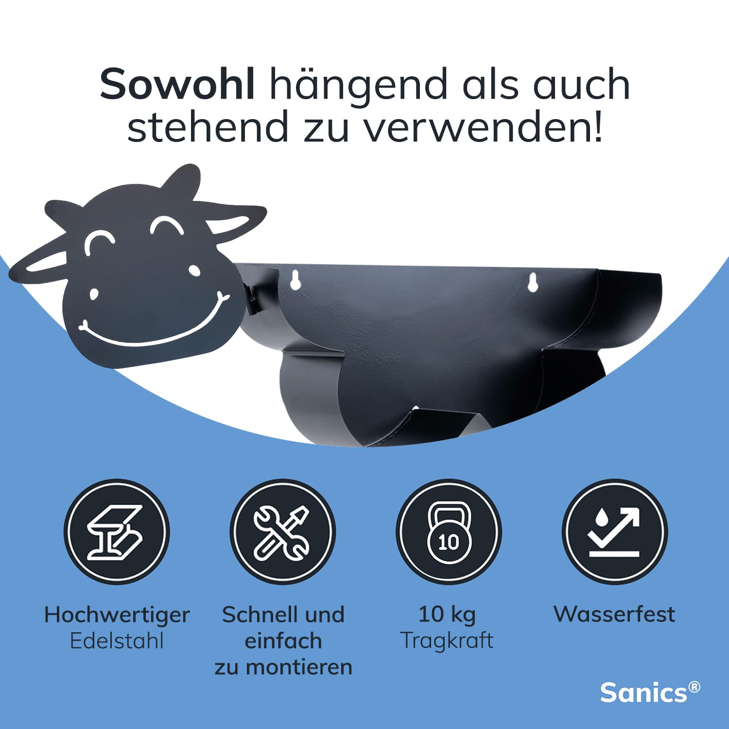 Ersatzrollenhalter Freistehend - WC Papierhalter Hängend - Wandhalterung - Kuh - Toilettenpapierhalter Tiere - Schwarz