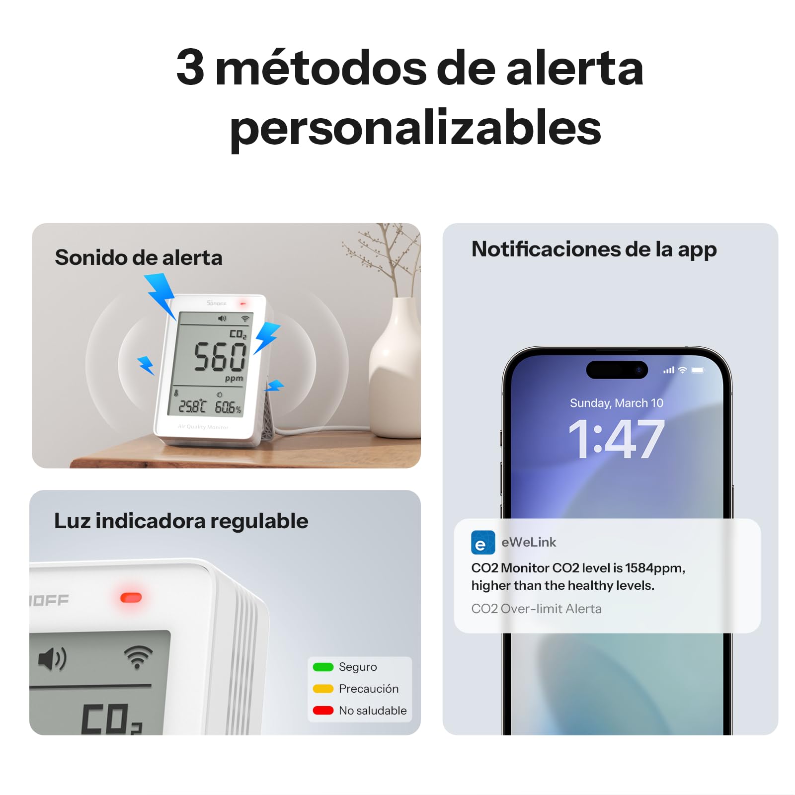 SONOFF AirGuard CO2, Monitor Inteligente de Calidad del Aire, Compatible Matter, WiFi 2.4GHz, Detector de CO2/Temp/Humedad, Display y Alarma en Tiempo Real, para Dormitorio/Habitación Infantil