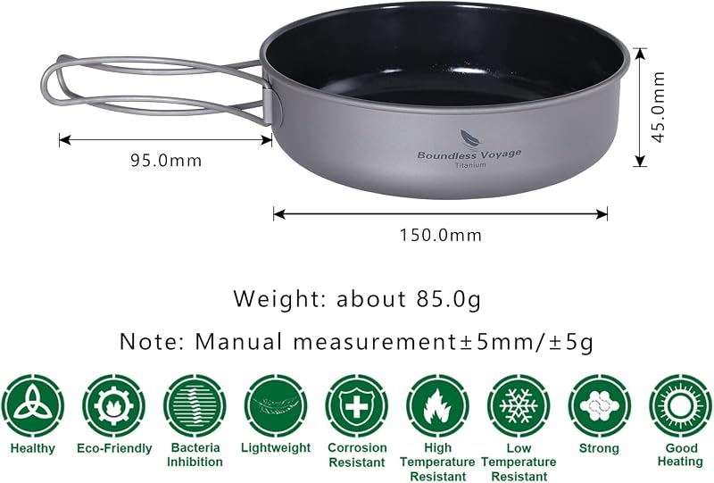 Boundless Voyage Titánium Összecsukható Serpenyő - Tapadásmentes Kempingfőző Edény Túrázáshoz, Kiránduláshoz - 15cm Átmérőjű Gázfőzővel Komp