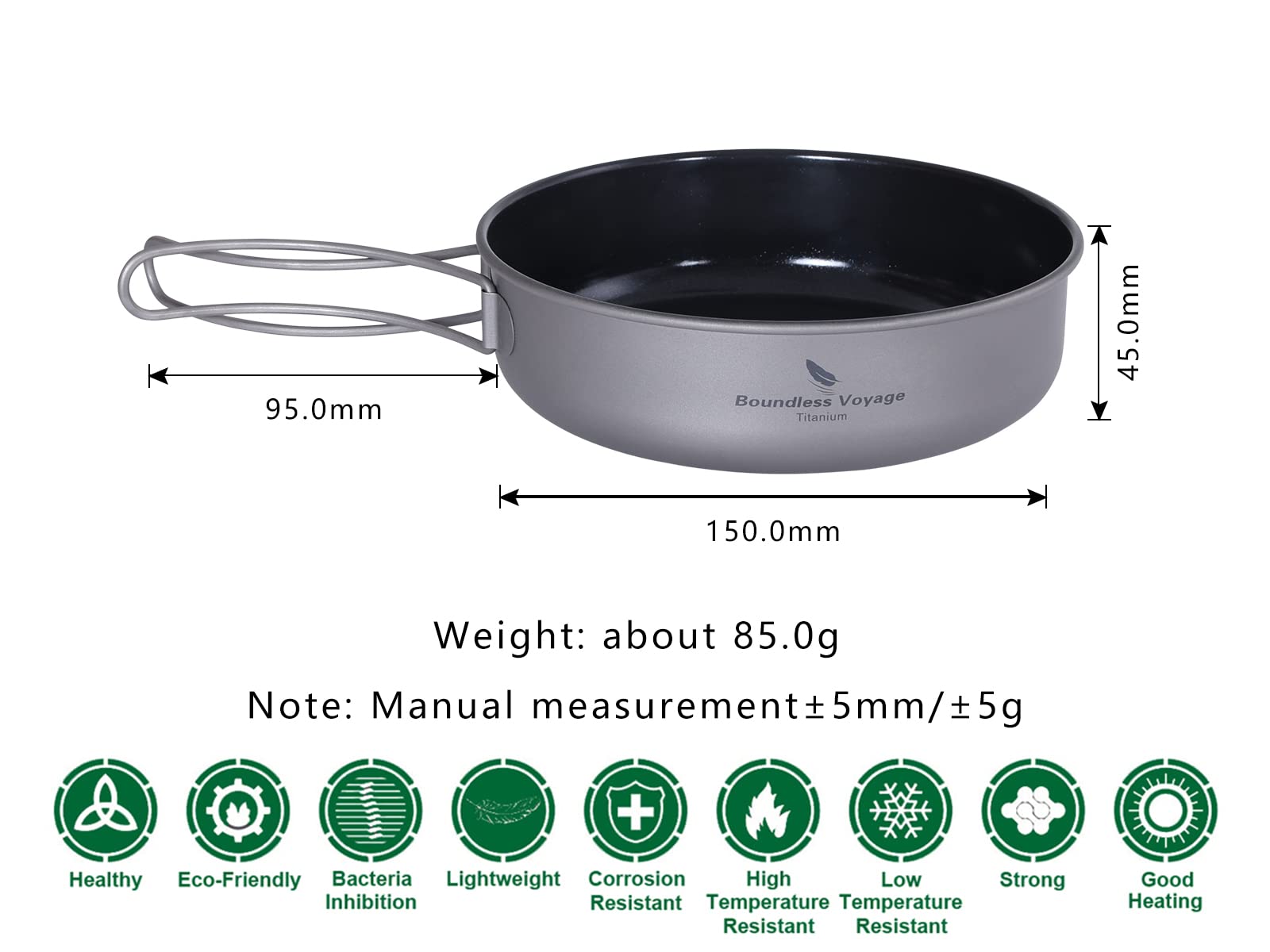 Boundless Voyage A-Ti2067C - Sartén antiadherente de titanio con mango plegable, revestimiento de cerámica, para exteriores, camping, picnic, senderismo, barbacoa, utensilios de cocina