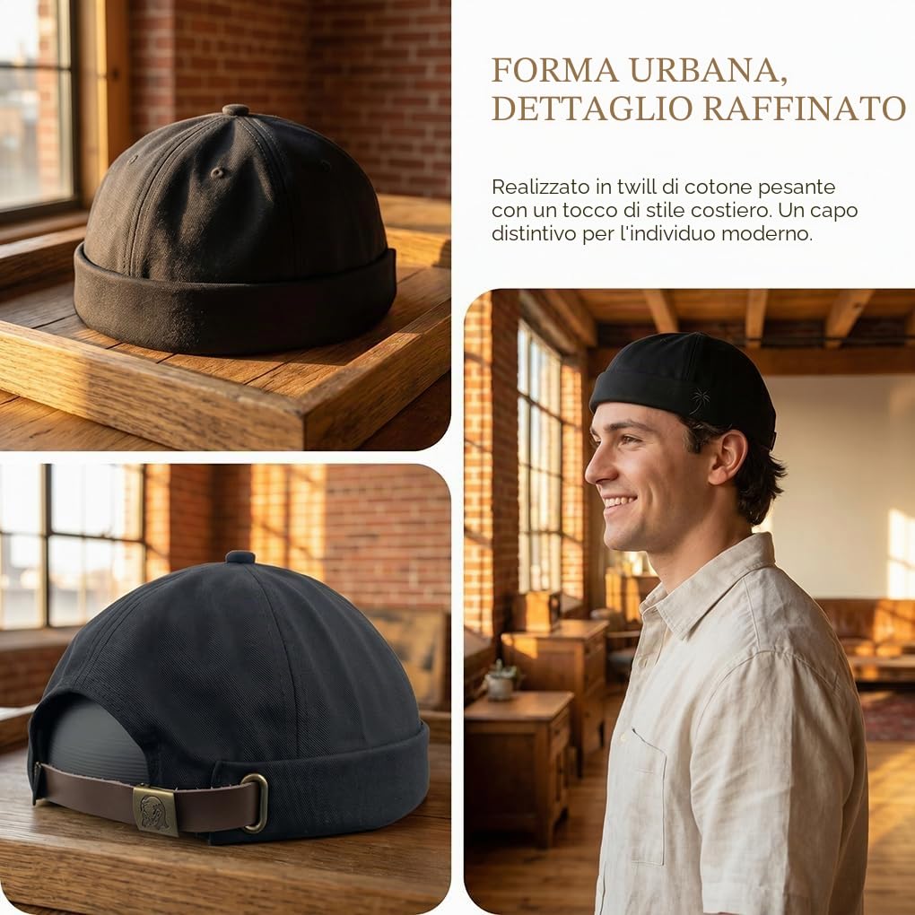 YAMEE Berretto da Portuale da Uomo - Dockercap - Cappellino da Portuale - Cappello da Marinaio Unisex Brimless Hat cap Beanie Cappello da Uomo Rolled Skullcap Berretto Docker （56-58cm）