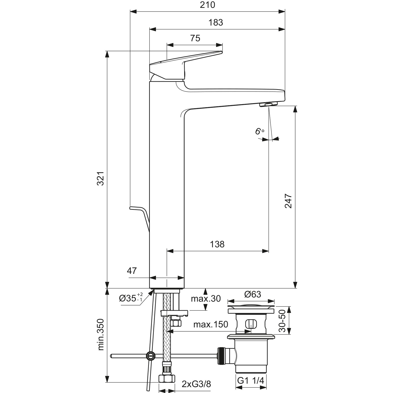Ideal Standard BD238AA Ceraplan bateria umywalkowa H250, przedłużona podstawa, z zestawem odpływowym z przyciskiem do ciągnięcia, wysięg 13,8 cm, chrom