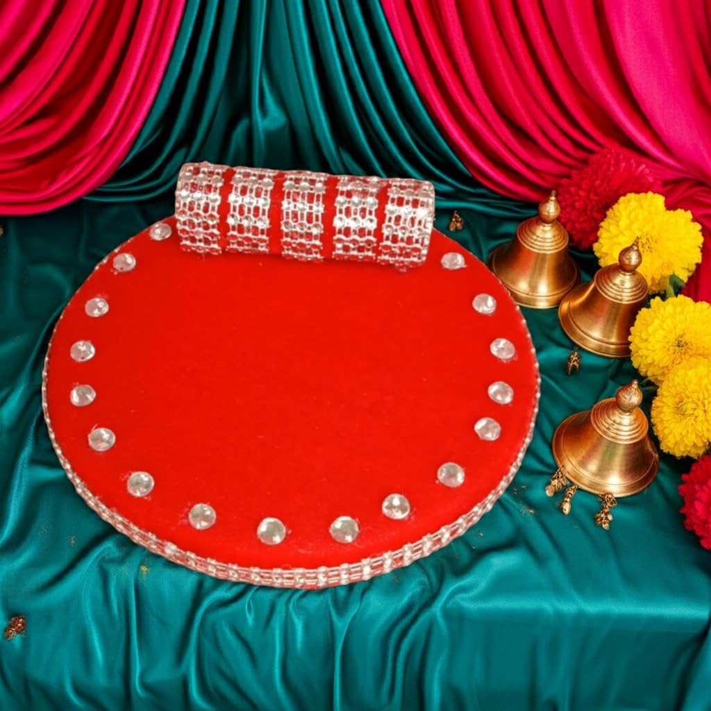 Bigger Beaded RED Velvet Cloth Decorative One Gaddi Aasan Chowki Bed with Back Cushion for God Idols Singhasan - Bigger 16.5 CM-(RED-Elite)