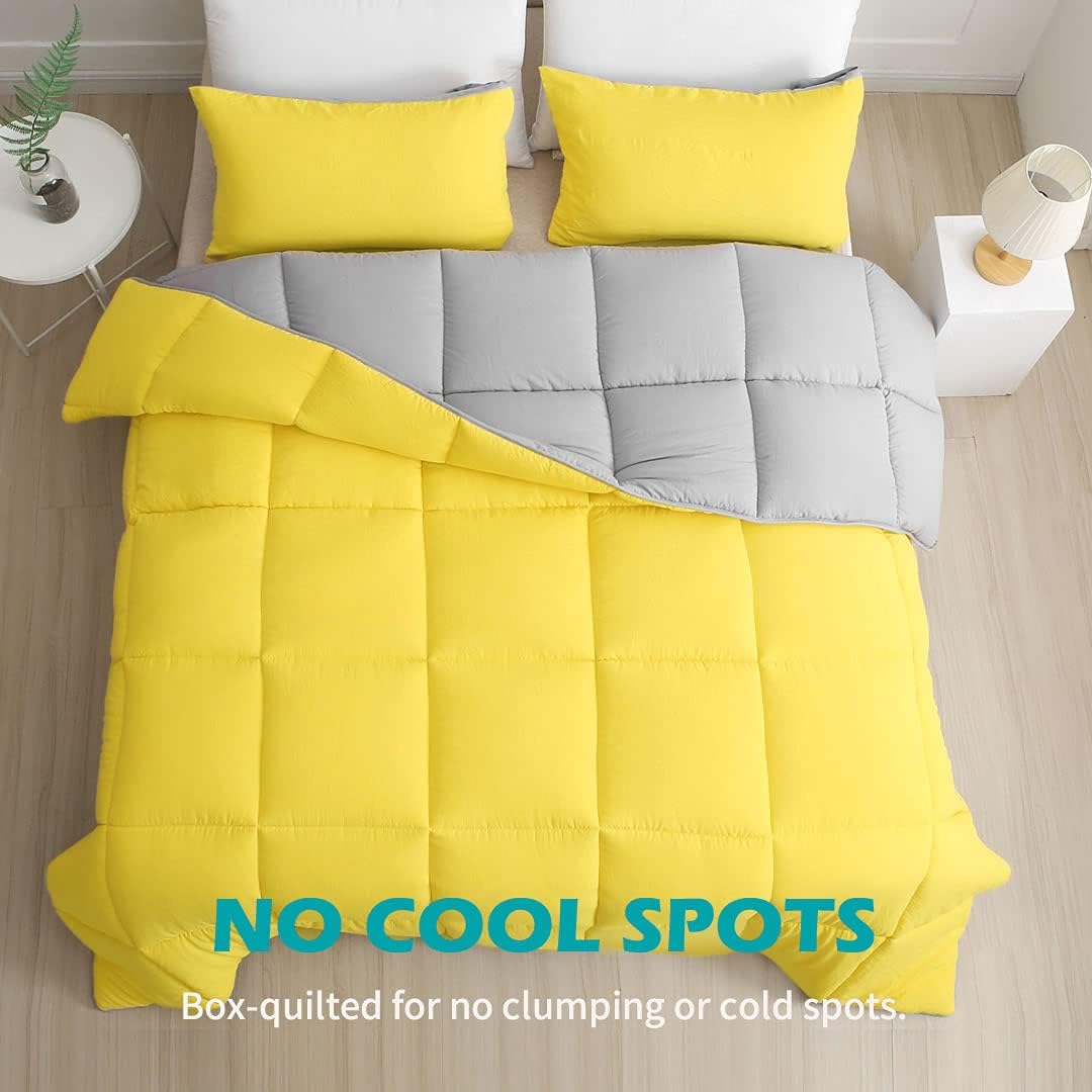Cobnom Reversible Bed Comforter King, Down Alternative Comforter Duvet with Tabs, Ultra-Soft Breathable Cloud Fluffy Eucalyptus Mixed Microfiber Comforter Set with Shams (104x88, Yellow/Gray)
