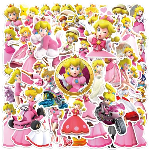 50Pcs Cartoon Princess Peach Stickers for Kids Cute Game Role Stickers for Teen Girl Adult Water Bottle Skateboard Phone Laptop Bicycle Travel Case Guitar Helmet (Princess Peach)