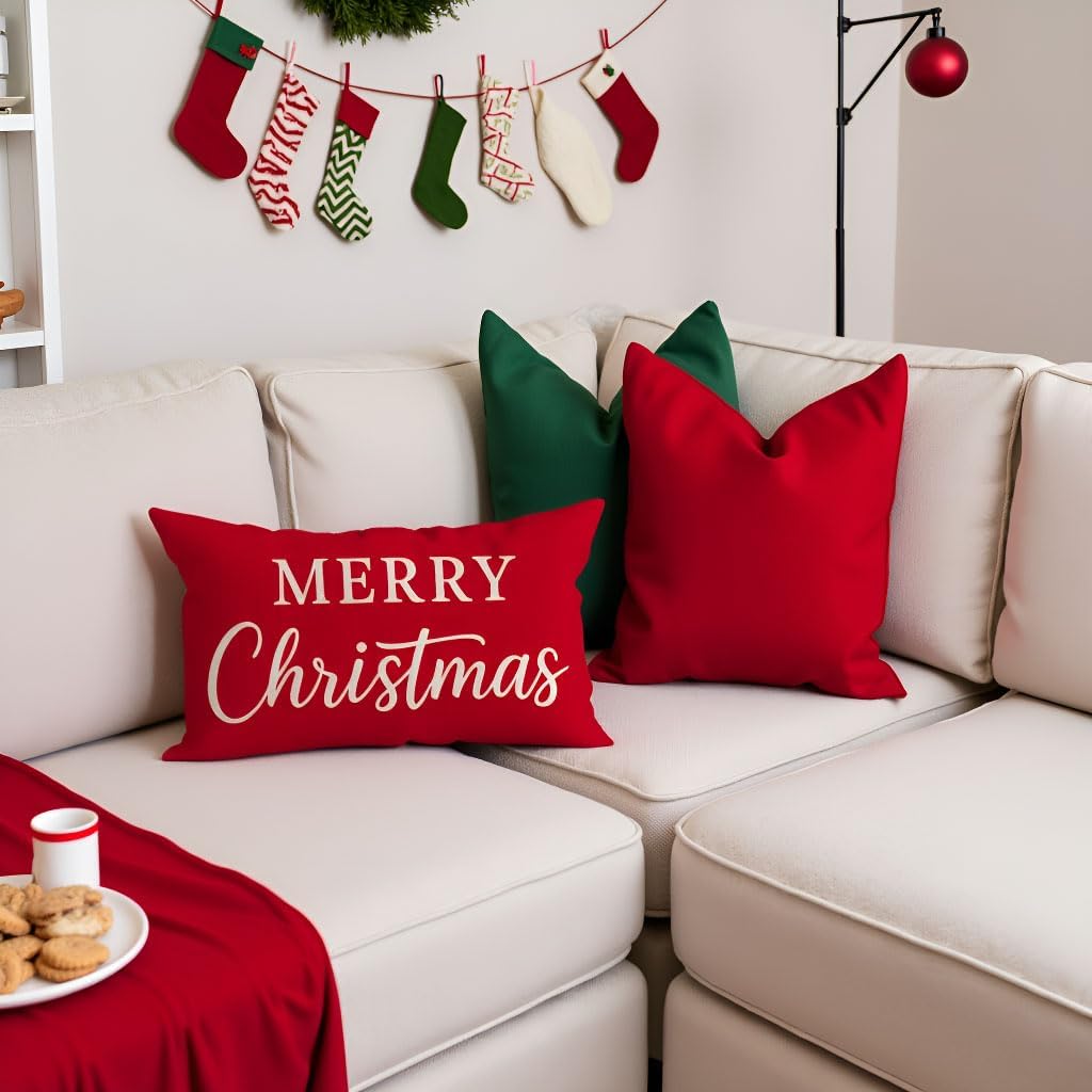 PANDICORN Merry Christmas Throw Pillow Cover 12x20, Red Lumbar Decorative Cushion Case for Couch Sofa Holiday Decor, Classic Christmas Pillow Covers Decoration for Home
