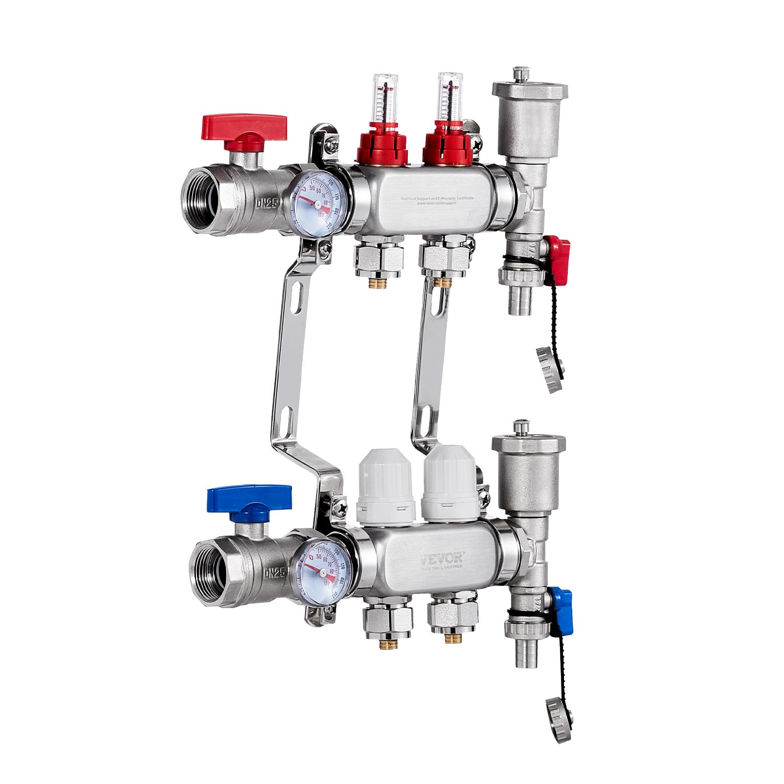 VEVOR 2-gałęziowy kolektor grzewczy do rur PEX 12,7 mm ze stali nierdzewnej PEX, z adapterami 12,7 mm, do hydronicznej podłogi promiennej, zestaw kolektora PEX