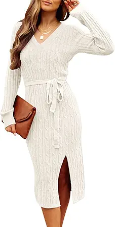 MEROKEETY Women's V Neck Cable Knit Sweater Dress Long Sleeve Bodycon Slit Pullover Midi Dress with Belt