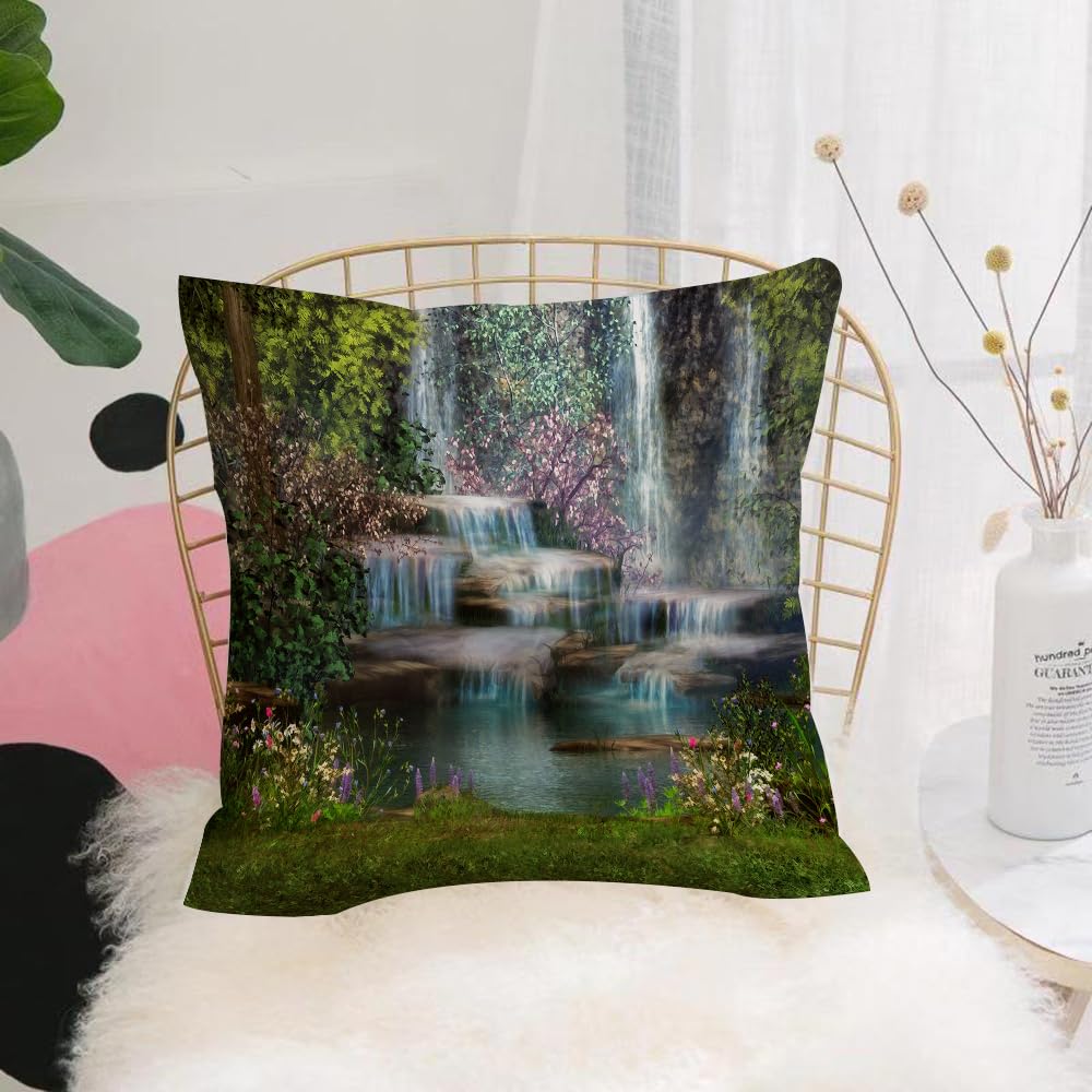 HYOSXW Cushion Cover,Throw Pillow Case Home Decorative for Living Room Bedroom Sofa Chair 16X16 Inch,Natural Waterfall Decor, Flowers and Trees Magic Landscape Waterfalls,Pillowcase 40X40cm