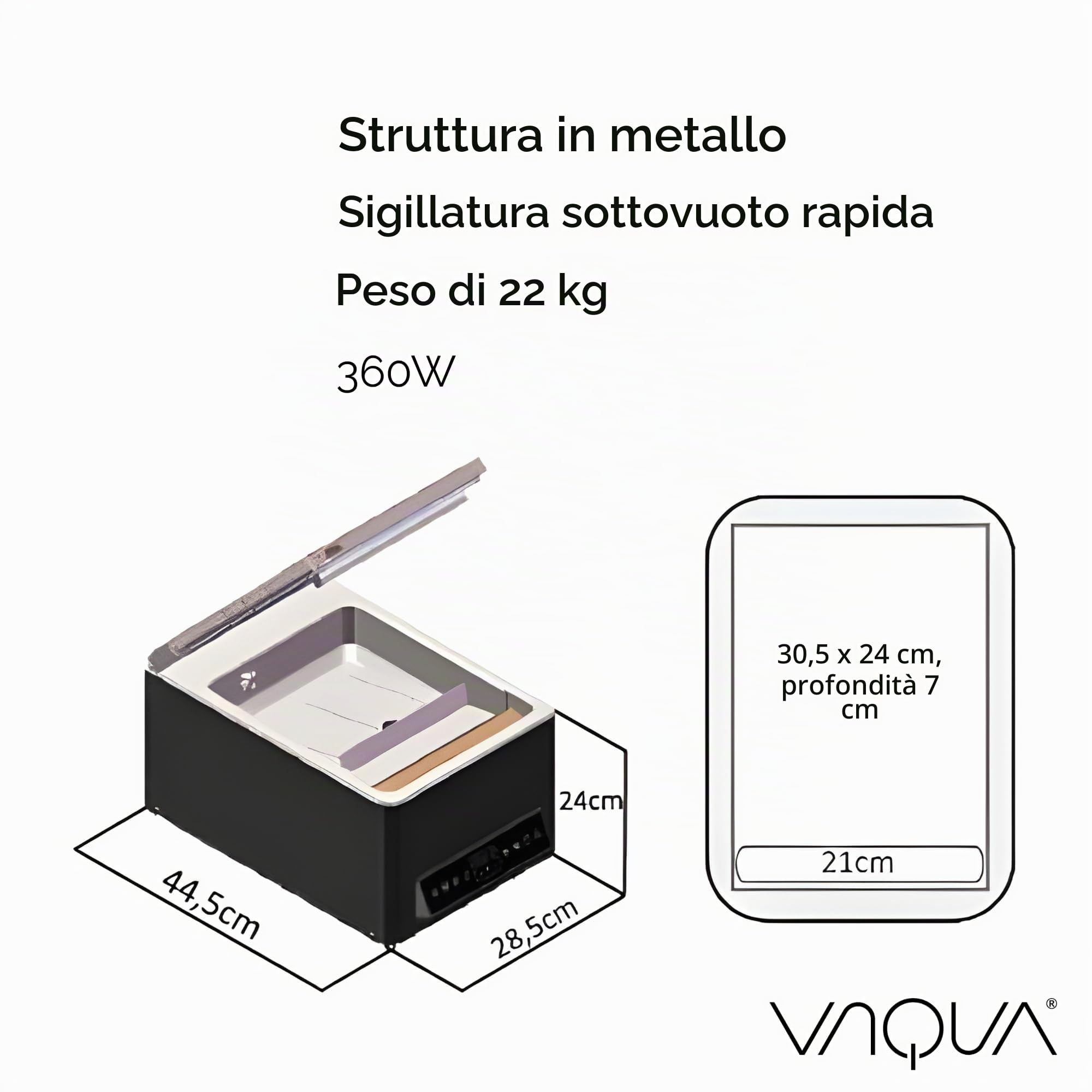Macchina Sottovuoto a Campana VAQUA – Vacuum Chamber Sealer in Acciaio – Ideale per Carne, Pesce e Preparazioni Sous Vide – 350×240×445 mm - 25 buste omaggio