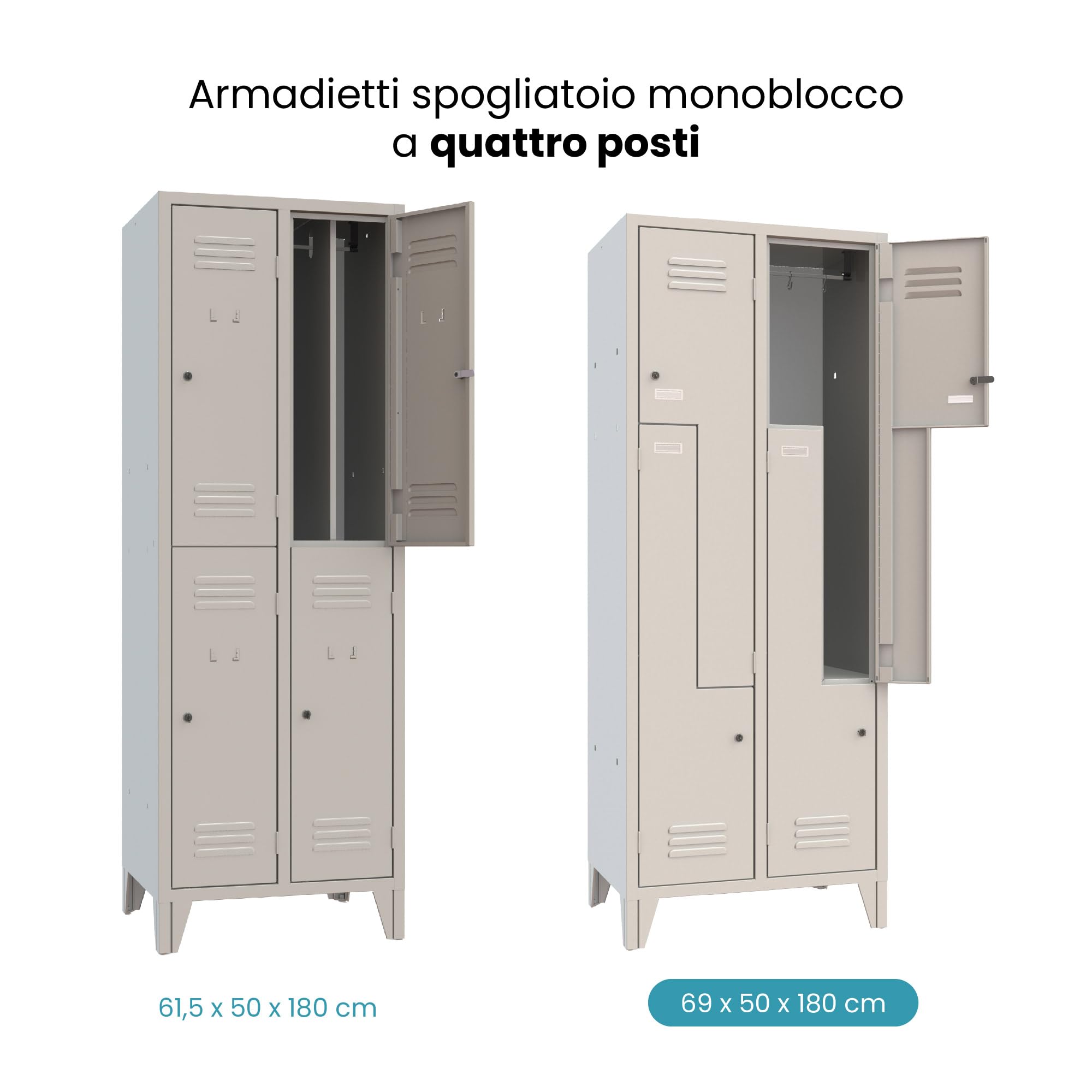XLOCKERS Armadio Spogliatoio Monoblocco Ante a Z, 4 Posti, in Metallo, 690x500x1800 mm, Colore Grigio RAL 7035. Con Imballo di Sicurezza.